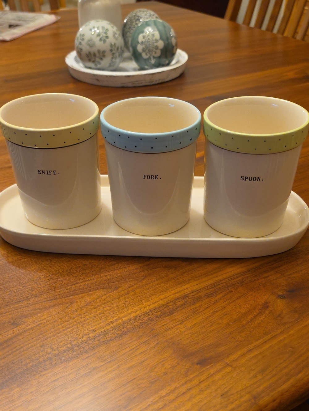 Rae Dunn White Ceramic Cutlery Holders with Blue and Green Polka Dot Rims